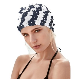 Women Retro Swim Cap, Floral Petal Bathing Cap Long Short Hair Elastic Swimming Turban with Flowers & Pearls(Black&White)