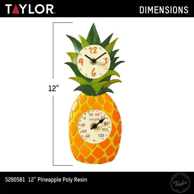 Taylor Pineapple Poly Resin Indoor and Outdoor Clock and Thermometer,