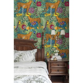 Floralplus Peel and Stick Wallpaper Floral Jungle Leopard Wallpaper for Bathroom Animal Boho Removable Renter Friendly Cheetah Leaf Contact Paper for Bedroom Cabinet 17.5 x 118 in