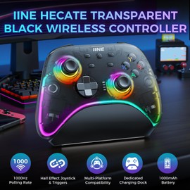 IINE Wireless Controller with Charging Dock, Pro PC Controller for PC/NS/TV/Android/IOS, Gamepad with Hall Effect Joysticks & Triggers/ 1000Hz Polling Rate/1000mAh Battery/Macro/Turbo/RGB Light/Headphone Port