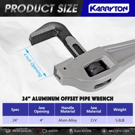KARRYTON 24 Inch Aluminum Offset Pipe Wrench, 4"/101mm Adjustable Jaw Capacity, Heavy Duty Plumbers Wrench with Drop Forged Steel Jaw(CR-V), Perfect Plumbing Tool Exceed GGG Standard