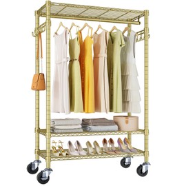 VIPEK R3 Heavy Duty Clothes Rack with Lockable Wheels, Rolling Portable Closet with Adjustable Shelves & Hanging Rod & Side Hooks, Compact Space-Saving Storage for Small Apartments/Dorms (Gold)