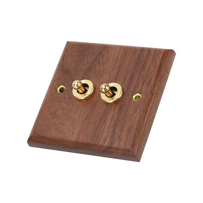 Double Toggle Switch Retro Walnut Wood Wall Mount Panel with