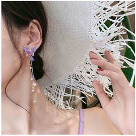 YienDoo Boho Long Tassels Butterfly Earrings Purple Crystal Butterfly Dangle Earrings Long Tassel Pearl Drop Earrings Statement Amethyst Rhinestone Butterfly Stud Earrings for Women