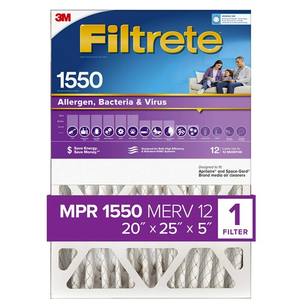 Filtrete 20x25x5 Furnace Air Filter MPR 1550 DP MERV 12, Healthy Living Ultra Allergen Deep Pleat, 1-Pack, Fits Lennox & Honeywell Devices (exact dimensions 19.56 x 24.19 x 4.69)