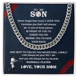 To My Son Necklace From Mom, Baseball Necklace Son, Cuban Link Necklace For Son, My Baseball Son Gifts Biggest Fan, Gifts For Son From Mom Dad (My Baseball Son, Stainless Steel / Standard Box)