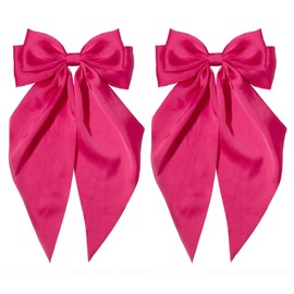 Pink Hair Bow for Women - Furling Pompoms Pack of 2 Hot Pink Bow Clips for Hair,Satin Big Bows Long Tail Alligator Clip Ribbon Large Pink Hair Accessories for Girls Women Teens