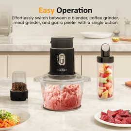 Sunvivi Electric Food Chopper, 4 in 1 Small Food Processor for Grinding Meat, Peeling Garlic & Juicing, 2 Speed Blender and Food Grinder Combo with 1.5L Glass Bowl & 2 Cups (0.4L+0.2L), Black