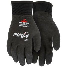 MCR Safety Gloves N9690FCL Ninja Ice Insulated Work Gloves 15-Gauge Black Nylon with Acrylic Terry Interior Fully Coated with HPT, Large, 1 Pair
