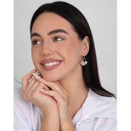 LILY LUSTRE 925 Sterling Silver Handpicked AAAA Quality Natural White Freshwater Cultured Pearl Earrings, Triple Pearl Flower Design Petite Cz Accents Drop Dangle Fishhook Earrings for Women, Silver