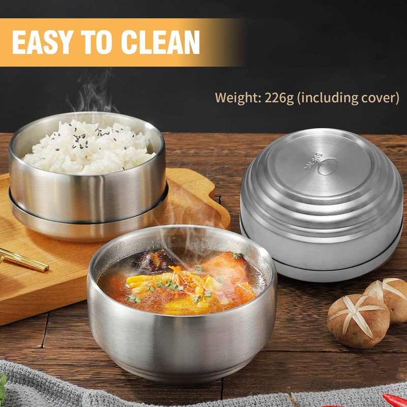 Aynaxcol Stainless Steel Rice Bowl with Lid, Set of 2,