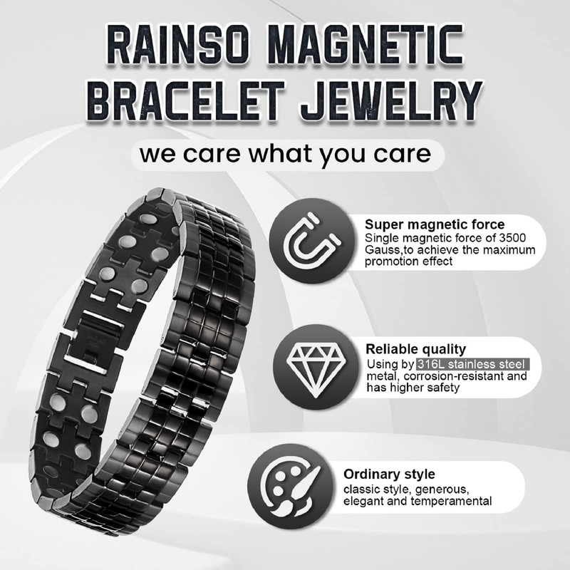 RainSo Men's Bracelet Black Double Row Magnetic Titanium Steel Bracelet