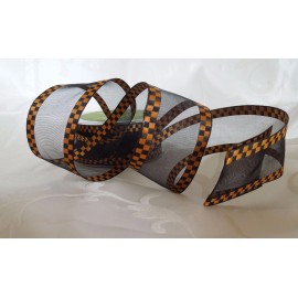 MAY ARTS~SHEER W/WOVEN CHECK WIRE EDGE RIBBON~BLACK & ORANGE~1 & 1/2" X 1 YARD