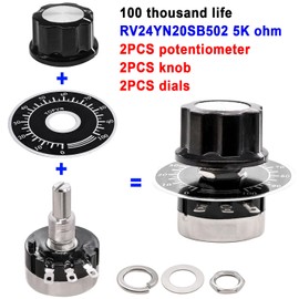 Taiss 2pcs RV24YN20S 5K Potentiometer Single Turn Carbon Film Rotary Taper Potentiometer Used for Inverter speed regulation. Motor speed control + 2pcs A03 knob + 2pcs dials (B502 5K ohm)