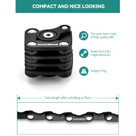 ROCKBROS Bicycle Lock with Key 70 cm with Bracket Folding Lock Chain Lock 519 g Zinc Alloy + ABS Black