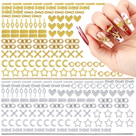222pcs Y2K Metal Moon Star and Chain Nail Charms Kit, Golden Silver Alloy Ring Chain Heart Love Moon Star Nail Art Decoration Manicure (5-K5-222pcs)