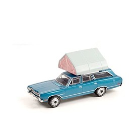 1969 Plymouth Satellite Station Wagon with Camp'otel Rooftop Sleeper Tent, Blue - Greenlight 38010B/48-1/64 Scale Diecast Model Toy Car