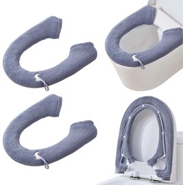 2PCS Toilet Seat Cover, HADEEONG Bathroom Toilet Seat Cushion Soft Plush Thicker Toilet Seat Warmer with Snaps Fixed Stretchable Washable Fiber Cloth Toilet Seat Lid Cover Pads