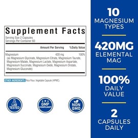 Vitalibre Complejo de magnesio 10 en 1, 420 mg de magnesio elemental | Ultrapotente, máxima absorción | Suplemento de magnesio quelado para el sueño, 