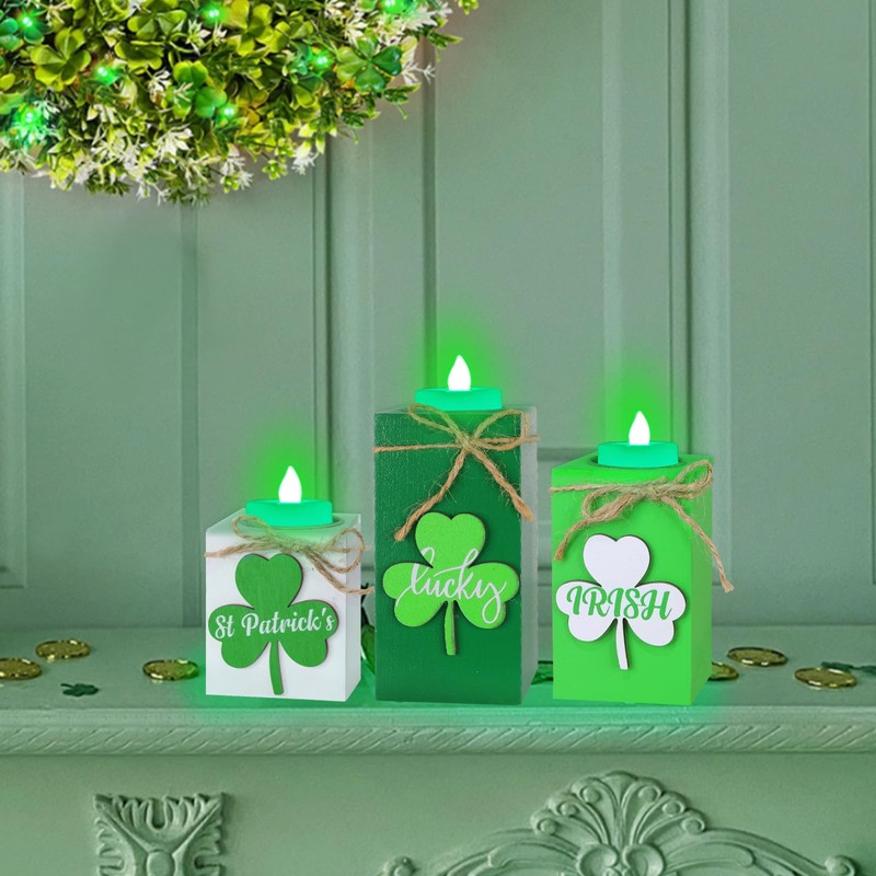3 Pack St. Patrick's Day Tea Light Candles Wooden Clover