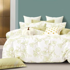 LEMIROE Botanical Cotton Comforter Queen Size - White Comforter with Soft Green Sketched Floral Outlines,Linen Yellow Reversible Lightweight Bedding Sets 3Pcs(Leaves)