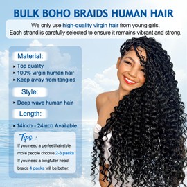 BIZVUS Bizvus Human Braiding Hair for Boho Braids 110g Deep Wave Boho Bulk Human Hair for Braiding Knotless 12A Wet and Wavy Bulk Bohemian Curly 3 Bundles/Pack #99j Burgundy Color 14inch