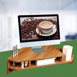 KUAIYU Triangle Monitor Stand Riser, Wooden Triangle Desktop Computer Stand with Office Organization, Walnut Color