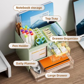 Marbrasse Desk Organizer with 3 Drawer, Multi-Functional Pencil Pen Holder for Desk, Desk Organizers and Accessories with 4 Compartments, Desktop Organizer Storage for Office Home Supplies (Green)