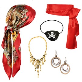 Pirate Costume Accessory Set for Adults 6 Pieces with Pirate Eye Patches, Women's Hoop Earrings, Retro Print Headscarf, Pirate Skull Bone Necklace, Waistband for Carnival Fancy Dress Accessories, red