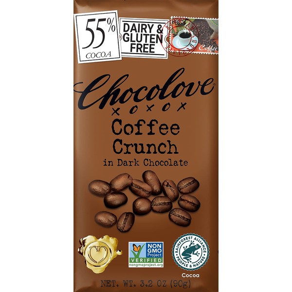 Chocolove Coffee Crunch in Dark Chocolate, 55% Cacao | Non GMO, Rainforest Alliance Certified Cacao | 3.2oz Bar | 12 Pack