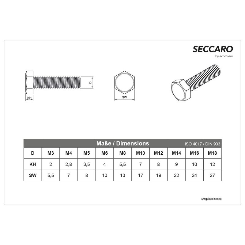 SECCARO 20 x M4 x 60mm V2A VA A2 Stainless