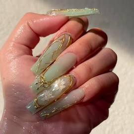 SINHOT Coffin Press on Nails Long - Halcyon Green Fake Nails Glossy Glue on Nails Gold Line Bowknot Acrylic Nails White Flower Ballerina Artificial Nails Stick on False Nails with Design 24pcs