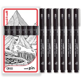 Uni Pin Fineliner Drawing Pens - Chisel Nibs - Black Ink - 1.0mm Nib - Pack of 6 - In Gift Box