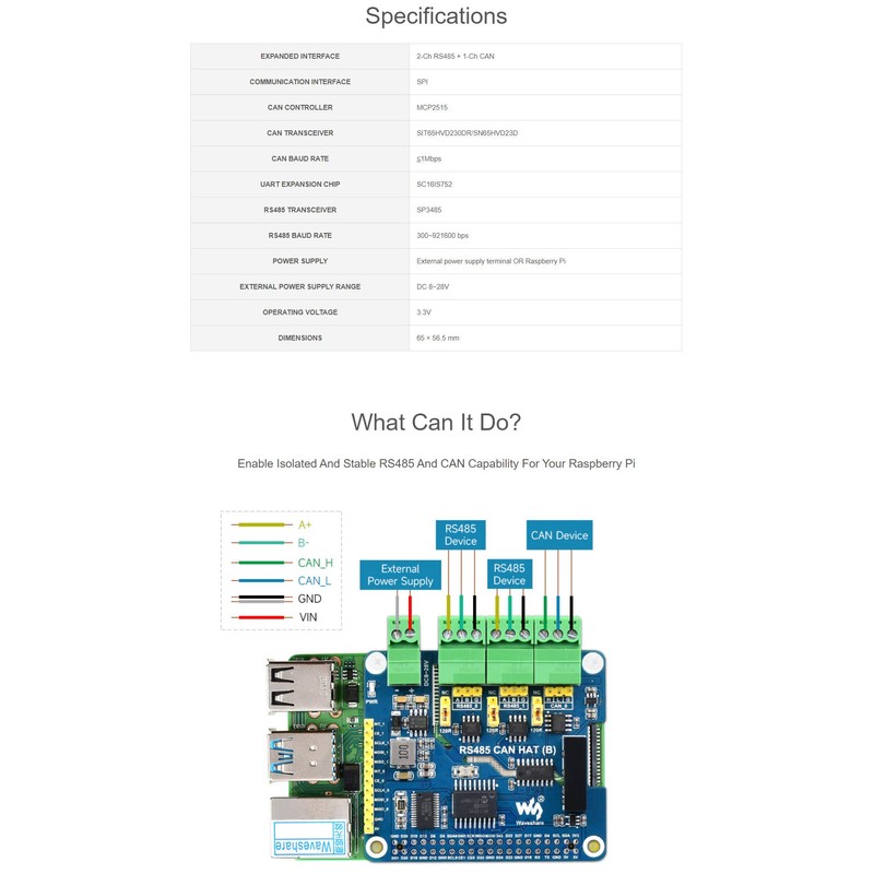 Isolated RS485 CAN HAT (B) for Raspberry Pi Series, SPI