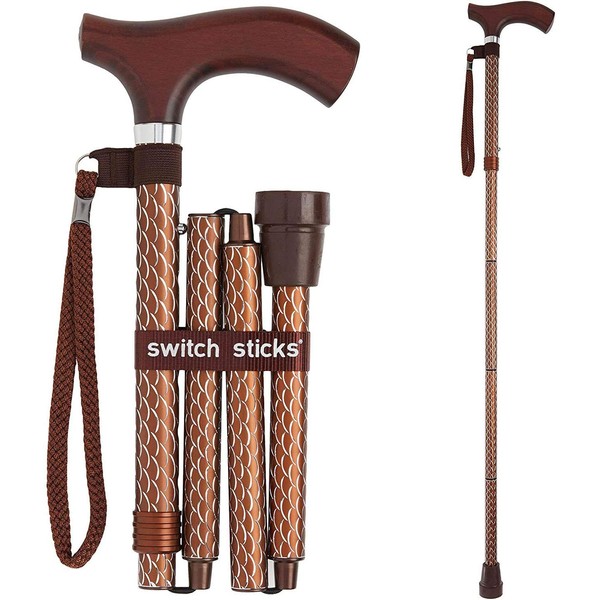 Switch Sticks Aluminum Adjustable Folding Cane and Walking Stick collapses and adjusts from 32 to 37 inches, Engraved Cognac