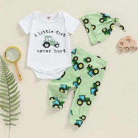 JLKGICF Newborn Baby Boy Summer Clothes Infant Tractor Funny Letter Print Romper Top Pants Hat Set Coming Home Farm Outfit (White a Little Dirt Never Hurt, 0-3 Months)