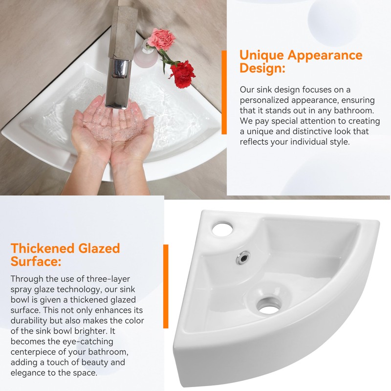 HOROW Corner Bathroom Sink, 18"x 13" White Porcelain Wall Mount