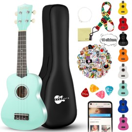 Soprano Ukulele Beginner Kit for Kids Adult Student 21 Inch Ukelele w/Free Online Lesson Gig Bag Strap String Tuner Songbook Pick Polishing Cloth, Rainbow Series Ukalalee(Shinny Mint Green）