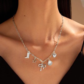 Cowboy Boot Necklace Cowgirl Charm Necklace for Women Western Necklace Bow Paperclip Necklace Country Concert Outfits Western Boho Jewelry Trendy Stuff