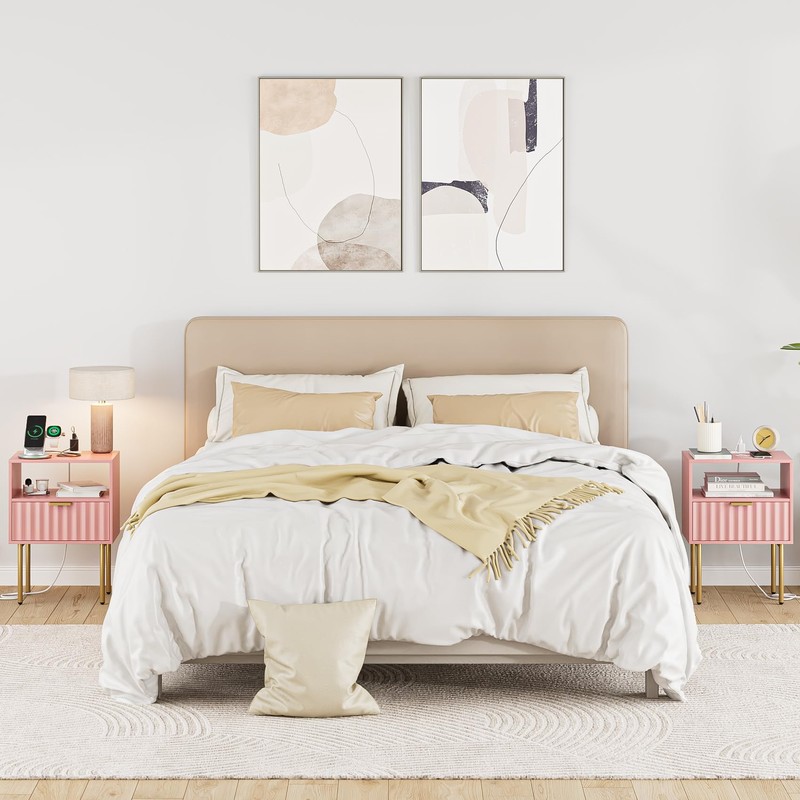 Masupu Nightstand with Charging Station,Mid-Century Modern Bedside Table with Storage