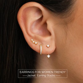 JUNVirtuous 3 Pair Gold Earrings for Women Trendy Hypoallergenic CZ 14K Plated Gold Small Huggie Hoop Stud Earrings Sets for Multiple Piercing Stacks Dainty Cute Jacket Gold Earings for Women Jewelry