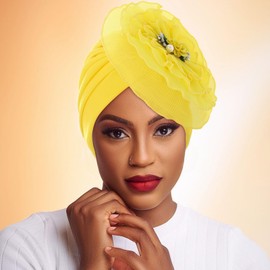 Bohend Flower Turbans Cap Pearl Knot Headwarp Beanie Pre Tied Head Cover Bonnet Women Muslim Stretchy Pleated Headscarf Hat (Polyester, Yellow)