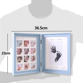 LEcylankEr Baby Handprint and Footprint Photo Album Baby Picture Frame First Year Anniversary Growth Record Baby Gifts, Foldable Double Use Photo Frame with Refillable Ink Pad (Blue)