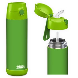 Jarlson® Charli Children's Stainless Steel Drinking Bottle with Straw - Thermos Flask 350 ml - TÜV Tested - BPA Free - Leak-Proof - Thermal Water Bottle for School, Nursery (Green)
