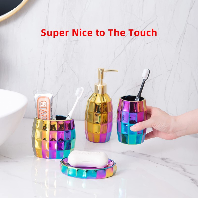 Rainbow Bathroom Accessory Set, Colorful/Gold Mosaic Ceramic Bathroom Accessories Sets