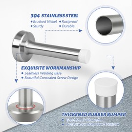 Door Stop 3.5 Inch, 2 Pack Brushed Nickel Door Stopper, Wall Mounted, Modern Commercial Stainless Steel Doorstop Wall Protector with Sound Dampening Door Bumper, Silver