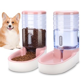 Meikuler Automatic Dog Cat Feeder and Water Dispenser Set,Waterer and Gravity Food Feeder for Small & Medium Dogs Cats Puppies,Large Capacity 1 Gallon x 2(Pink)