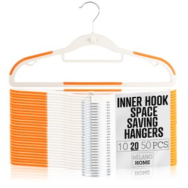 Lightweight White Plastic Hangers 20 Pack with Cascading Hook, Space Saving Thin, Closet Organizer, Orange Anti-Slip Pads, 360° Swivel, Tie Holder, Made in Turkey