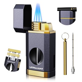 Triple Flame Torch Lighter with Built-in V Cutter, Holder and Draw Enhancer Tool, Butane Refillable Torch Lighter, Multifunctional Accessories Gift, Windproof Lighters for Candles and Outdoors