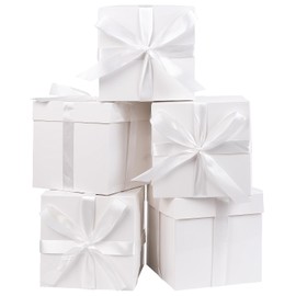 Jaywayang 5 Pack White Gift Boxes with Lids, Ribbons and Tissue Papers Square Gift Boxes - 7.1 Inch - Birthday, Wedding, Presents Wrapping, Mother's Day, Valentine's Day Decoration Party Favor Boxes.